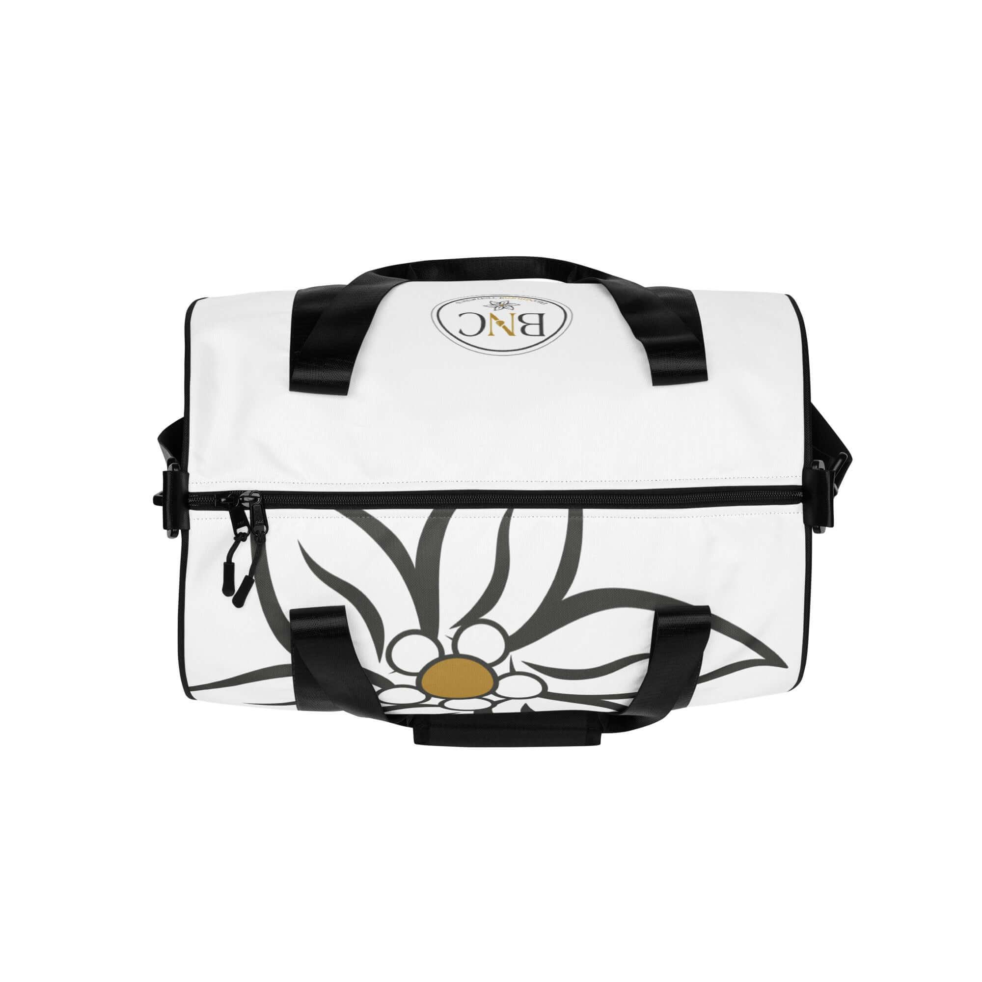 Weiße Sporttasche mit Blumenmuster, schwarzen Tragegriffen und BNC-Logo, Turnbeutel