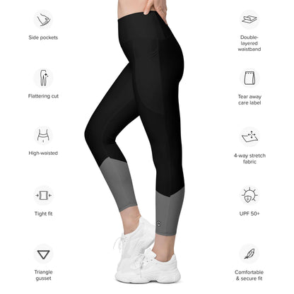 Damen Sport Leggings mit Seitentaschen, hoher Bund, schwarz-grau, enge Passform, weiße Sneaker
