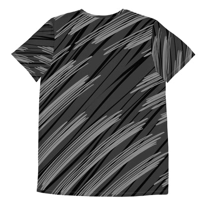Herren T-Shirt Rückseite mit schwarzem Muster und grauen Streifen, sportliches Design