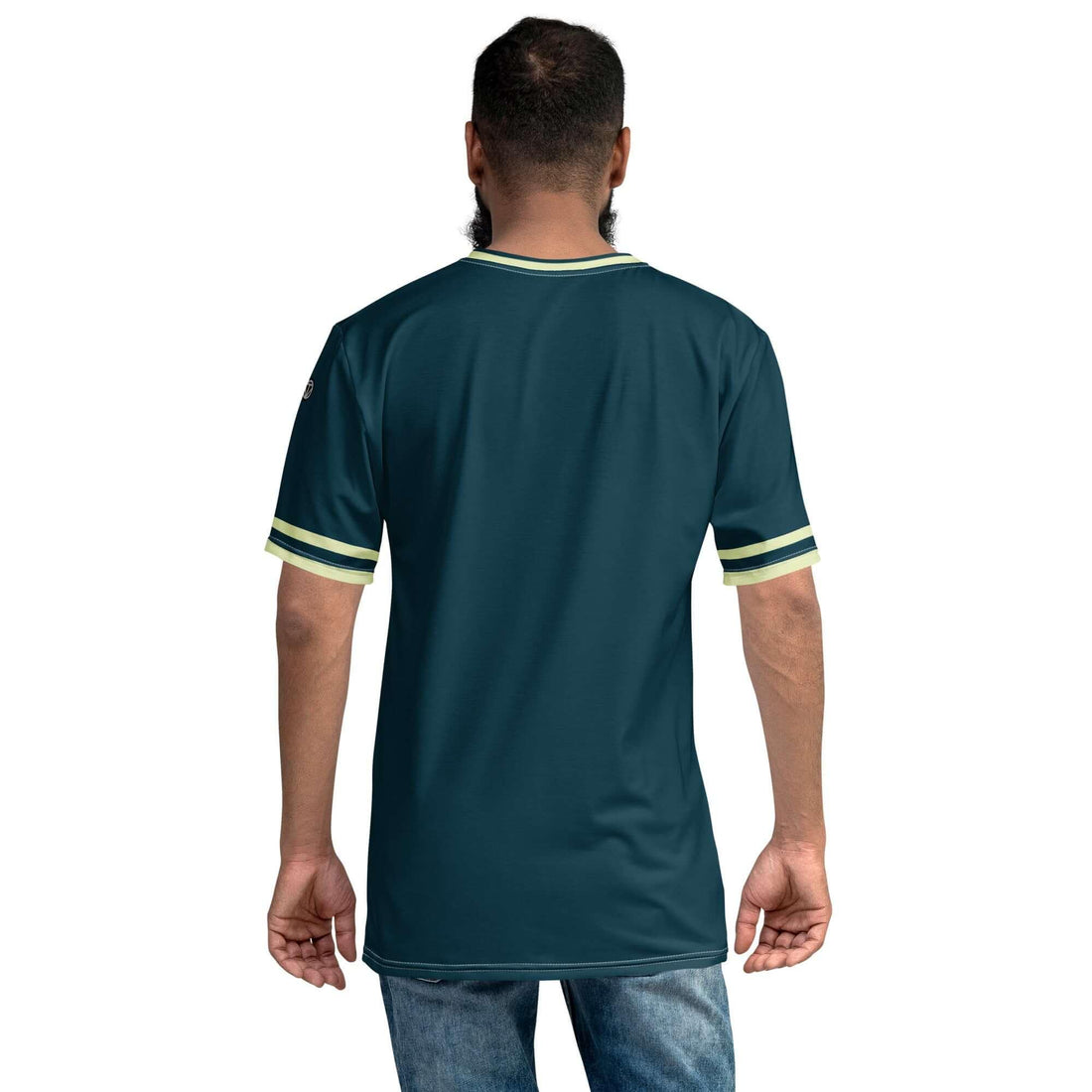 Rückansicht Herren T-Shirt dunkelblau mit weißen Ärmelstreifen, lässiger Look