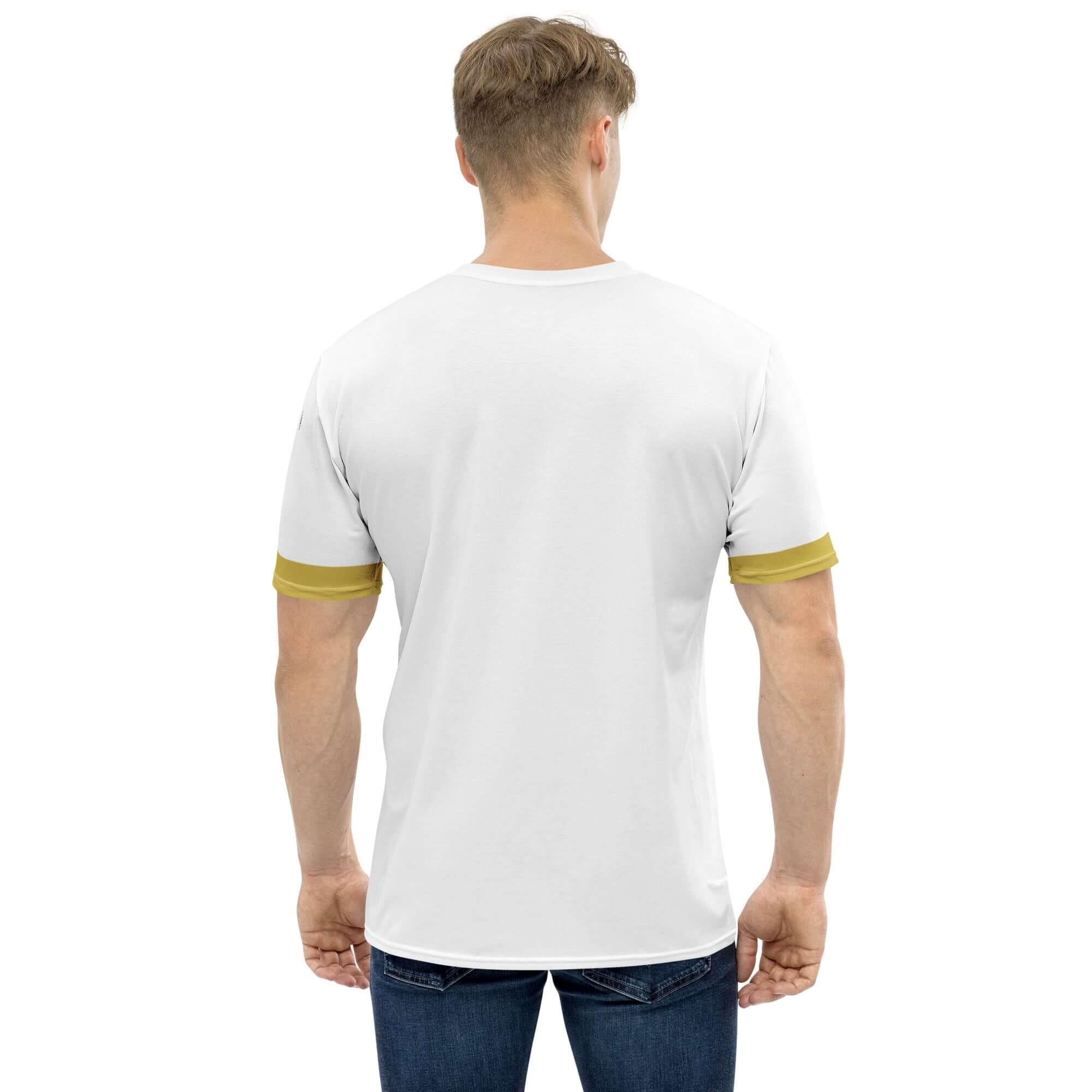Herren T-Shirt weiß mit goldenen Ärmeln, Rückansicht, lässige Mode