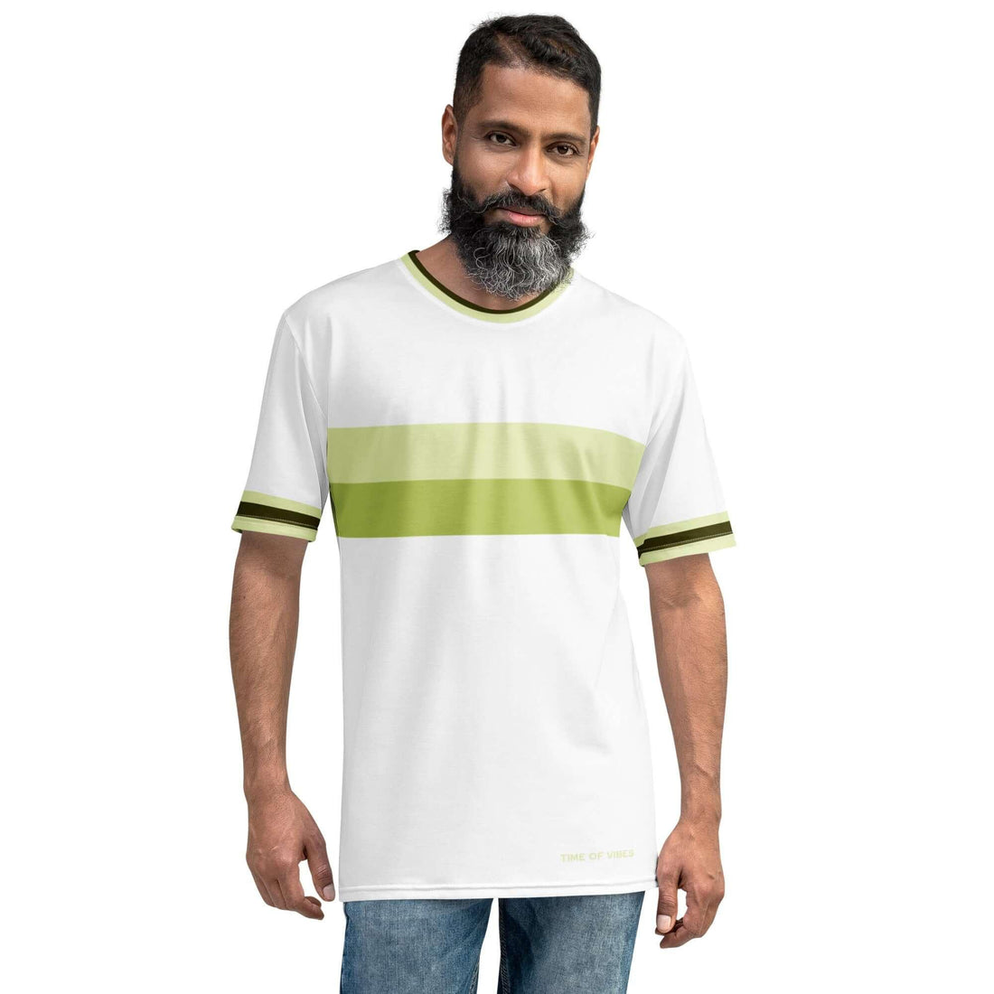 Herren T-Shirt weiß mit grünem Streifen, Rundhalsausschnitt und kurzen Ärmeln, lässige Mode