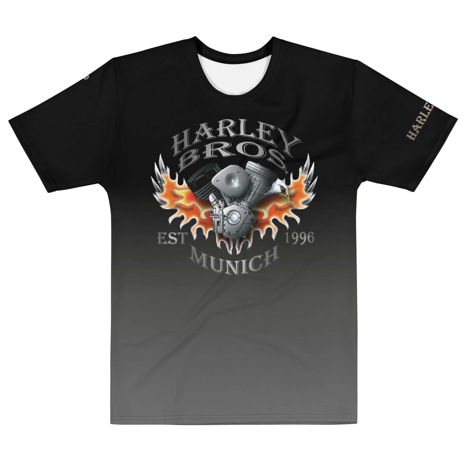 Schwarzes Männer-T-Shirt mit HARLEY BROS Munich Logo, Motorrad-Motor und Flammen-Grafik vorne.