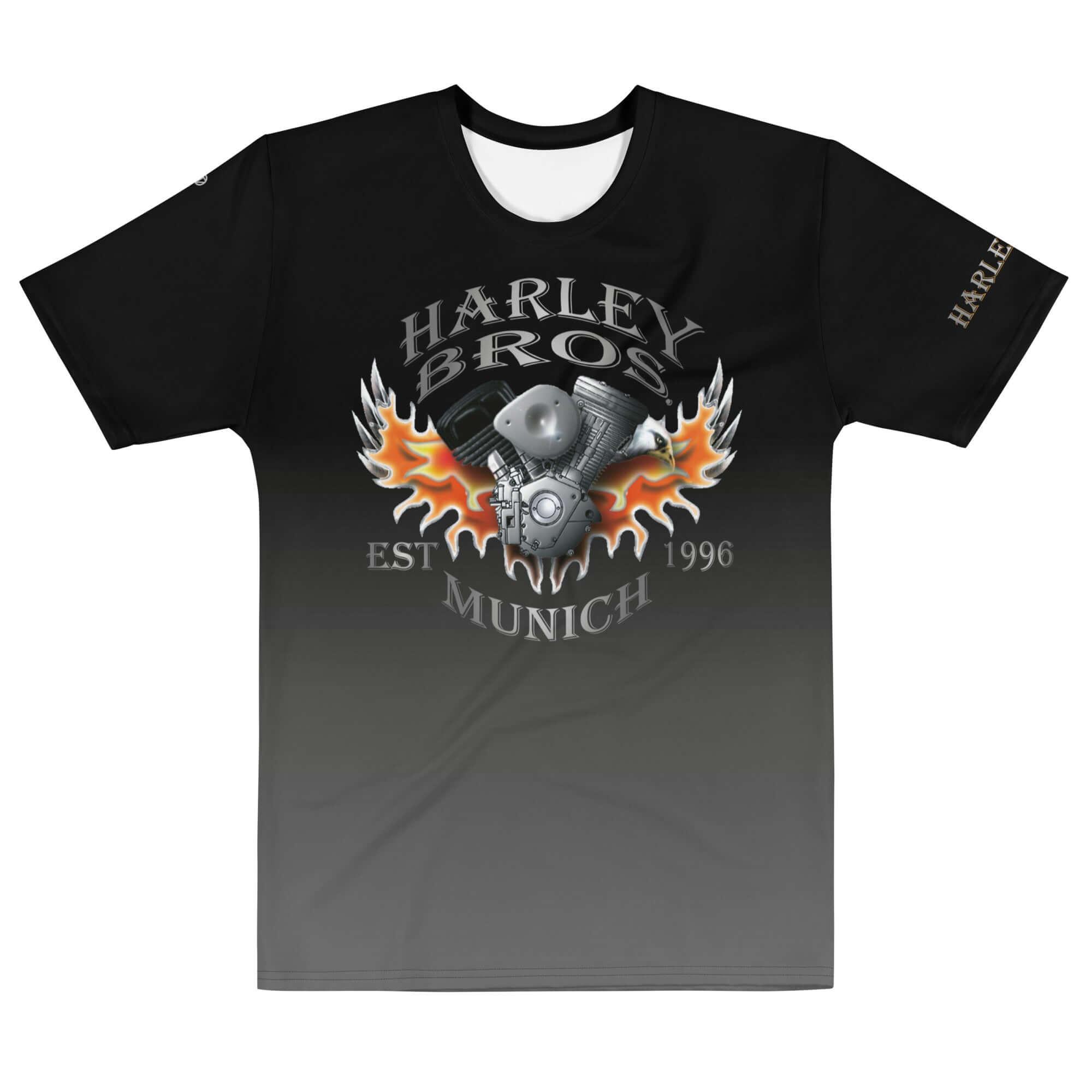 Schwarzes Männer-T-Shirt mit HARLEY BROS Munich Logo, Motorrad-Motor und Flammen-Grafik vorne.