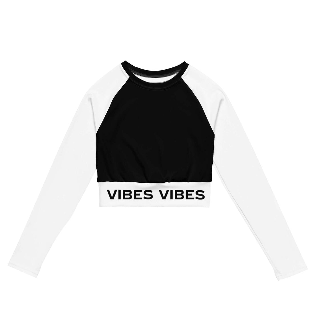 Schwarz-weißes Langarm Crop Top mit Raglanärmeln und VIBES Schriftzug, Damenmode