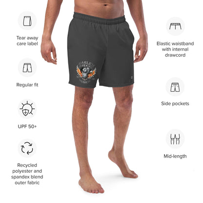 Schwarze Herren-Badeshorts mit Harley Bros München Print, elastischem Bund und Seitentaschen
