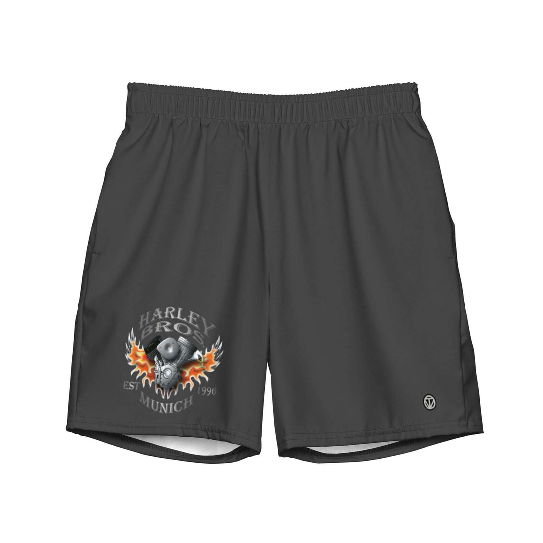 Schwarze Badeshorts mit Harley Bros Munich Logo und Flammenmotiv vorne, Herren Swimwear