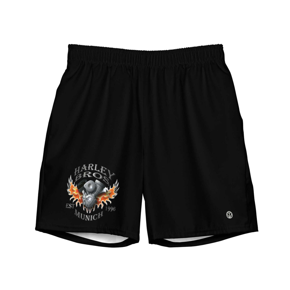 Schwarze Badeshorts mit Harley Bros München Logo und Flammen-Motiv vorne links