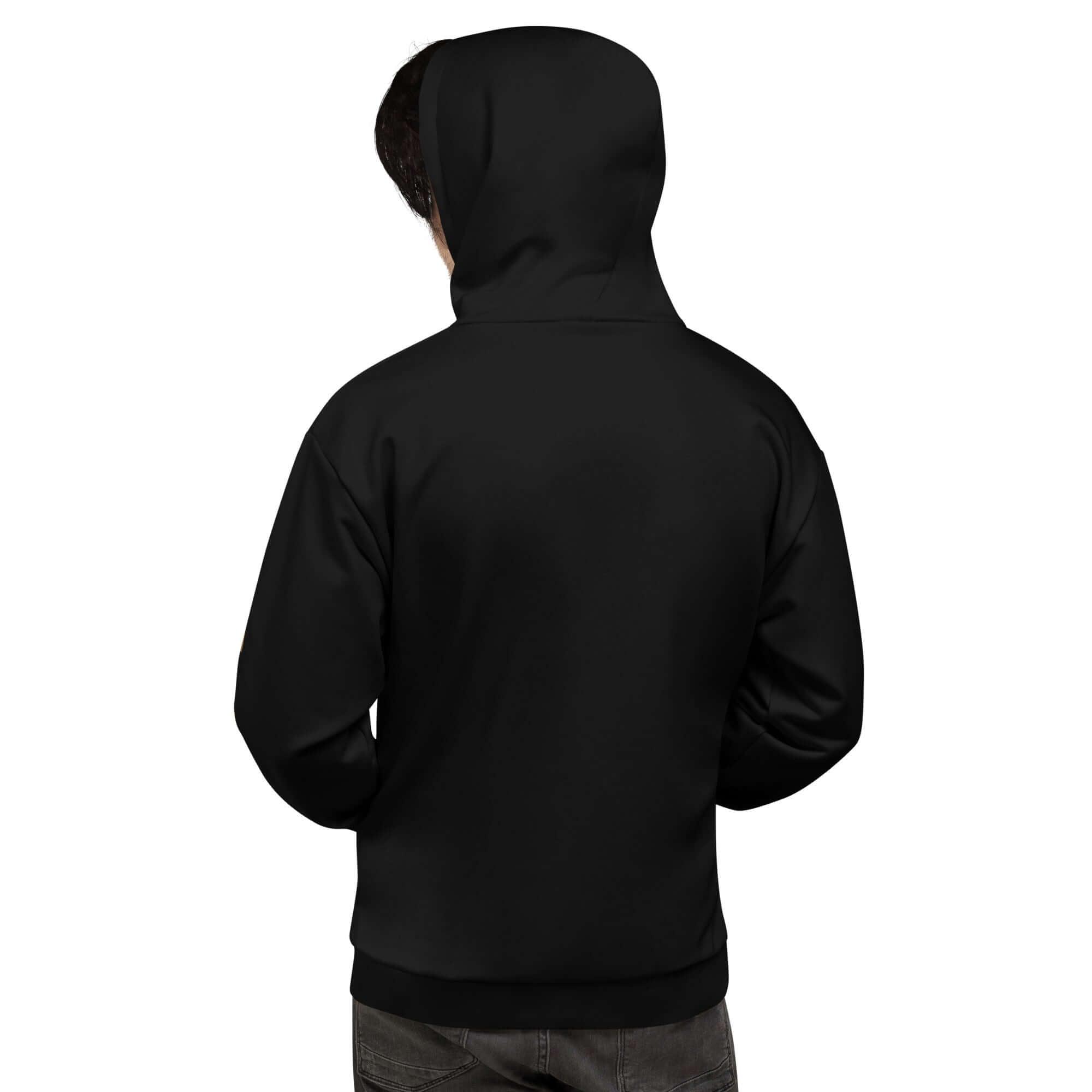 Schwarzer Unisex Hoodie Rückseite, schlichtes Design, Kapuzenpullover für Herren und Damen