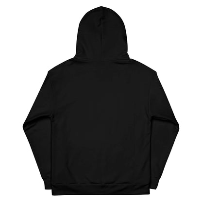 Rückseite schwarzer Unisex Hoodie auf weißem Hintergrund