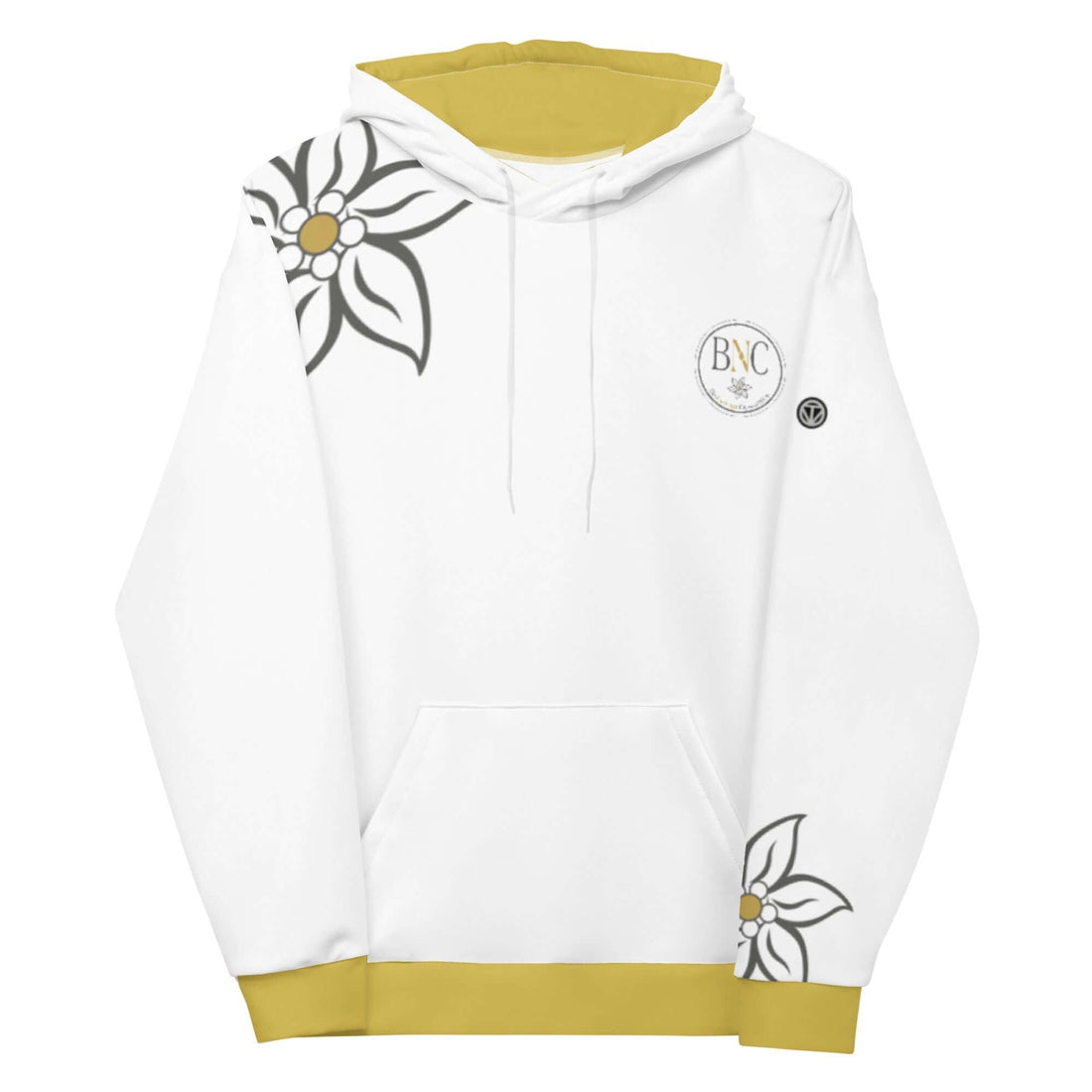 Weißer Unisex-Hoodie mit gelbem Futter und Bündchen, florales Muster, BNC-Logo auf Brust