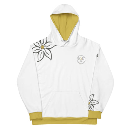 Weißer Unisex Hoodie mit gelbem Innenfutter, Blumenmuster und BNC Logo vorn.