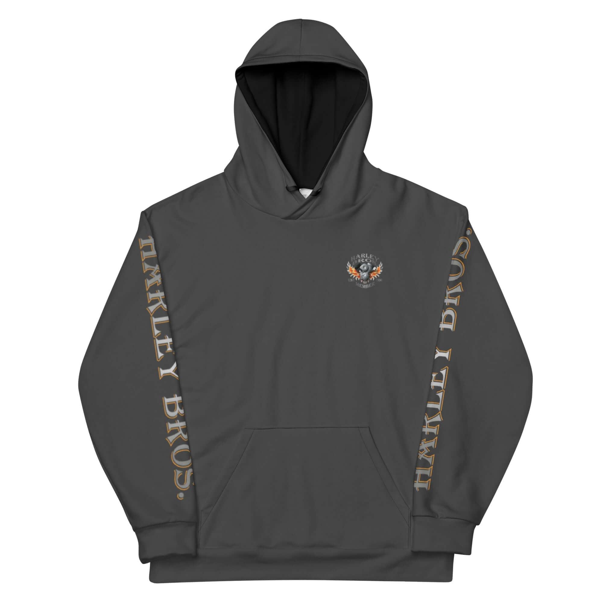 Dunkelgrauer Unisex Hoodie mit HARLEY BROS. Schriftzug an den Ärmeln und Logo auf der Brust