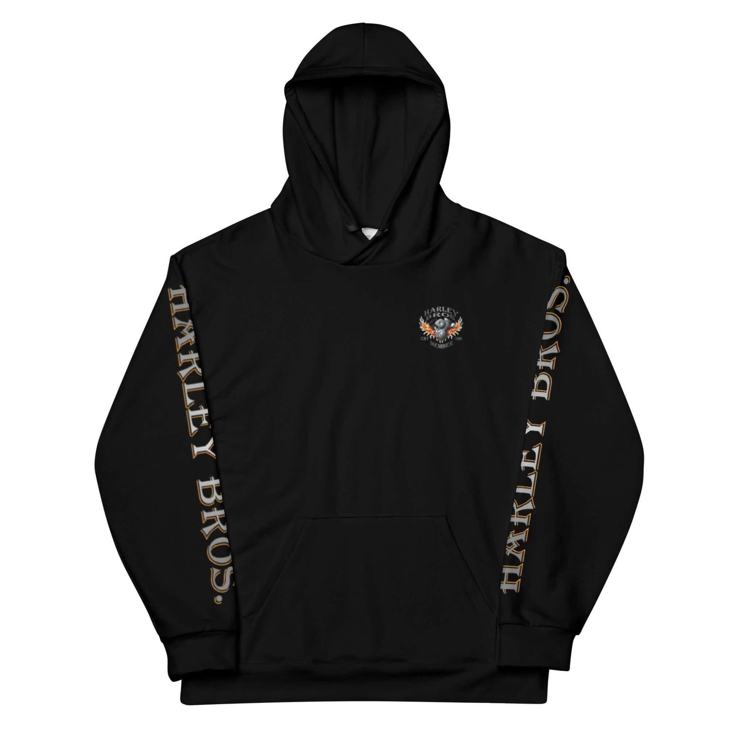 Schwarzer Unisex Hoodie mit Harley Bros. Schriftzug an den Ärmeln und kleinem Logo vorn
