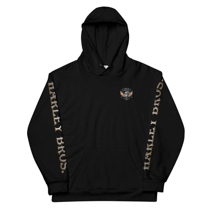Schwarzer Unisex Hoodie mit Harley Bros. Schriftzug an den Ärmeln und kleinem Logo vorn