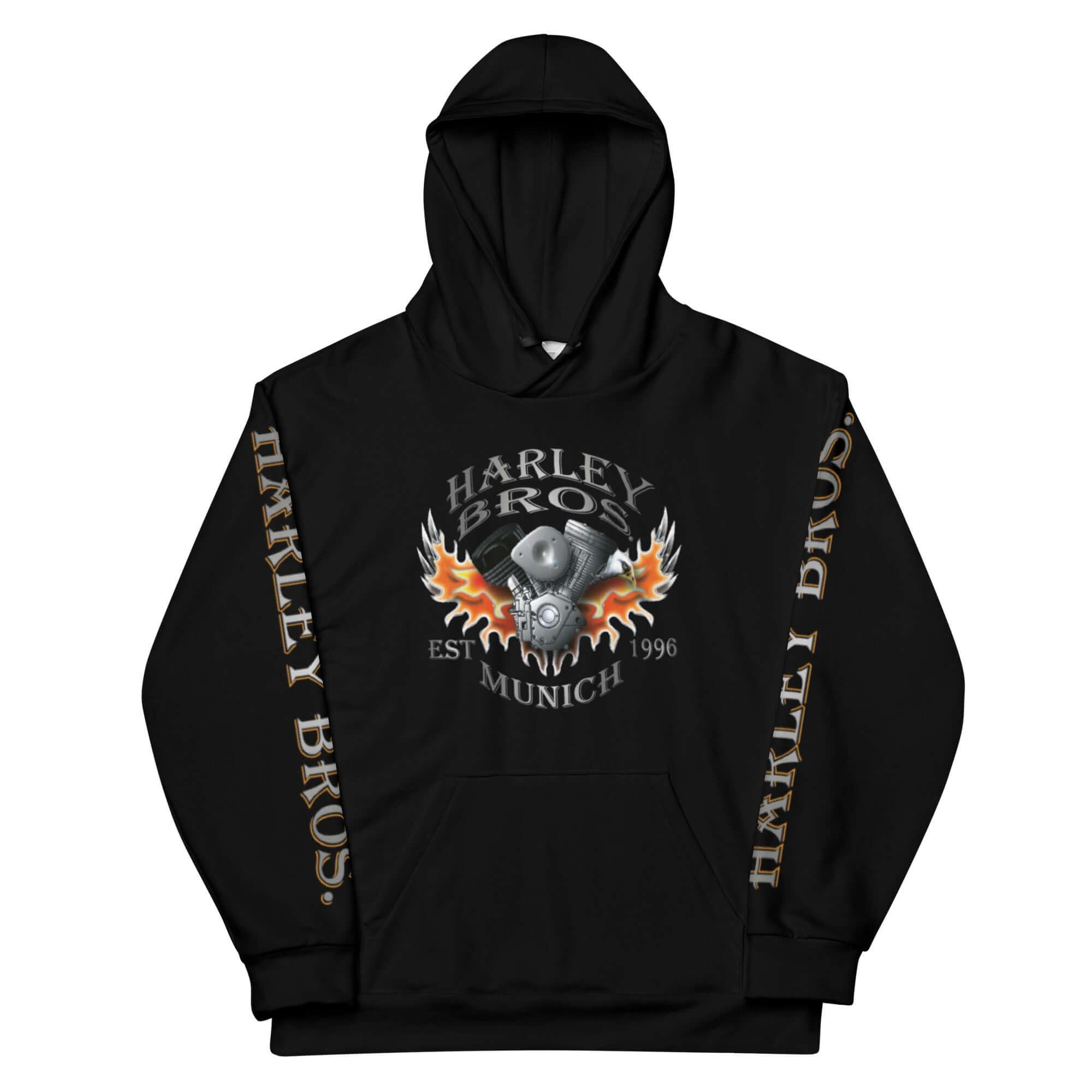 Schwarzer Hoodie mit Harley Bros. Aufdruck, Flammen-Motorrad-Motiv und Schriftzug auf Ärmeln