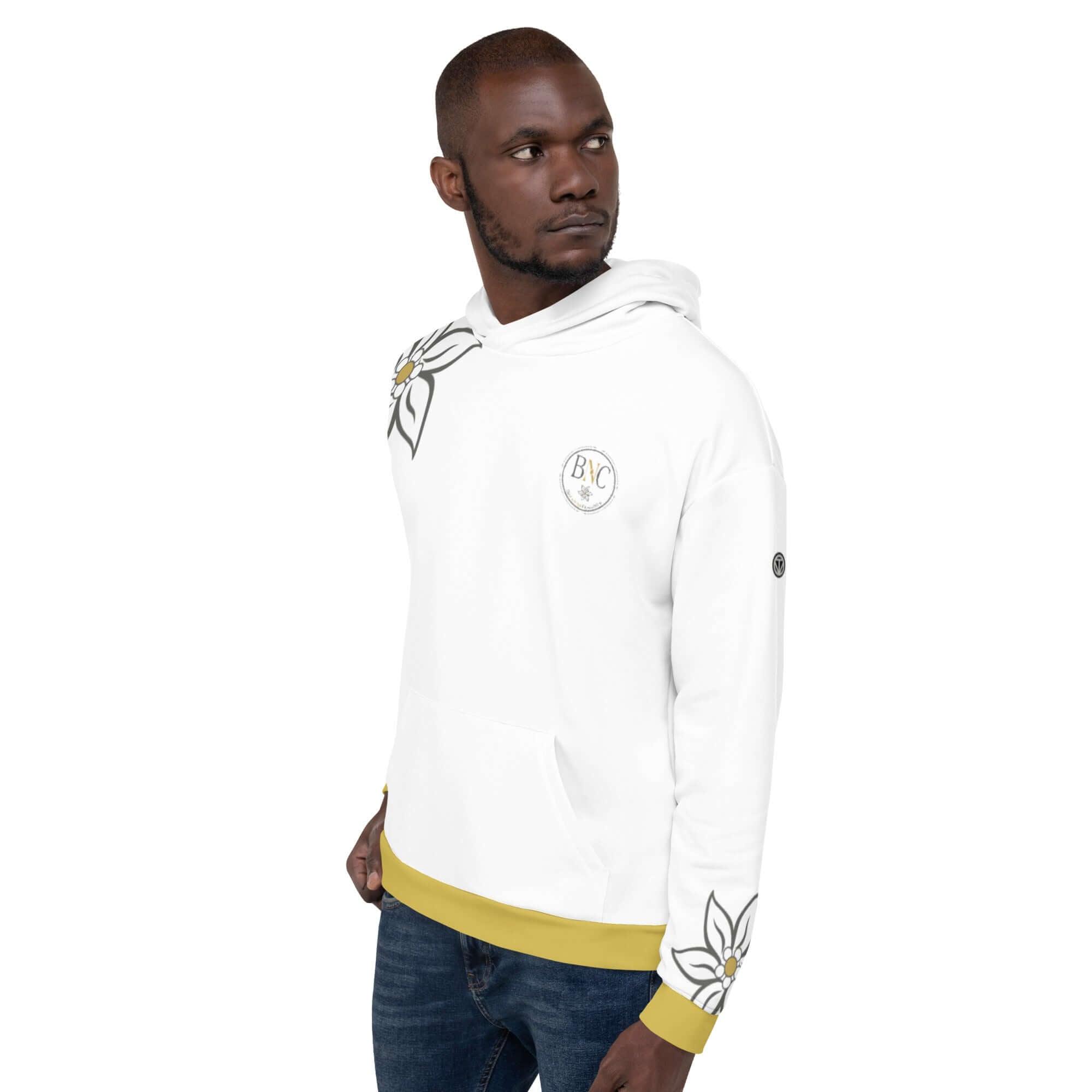 Weißer Unisex-Hoodie mit Blumenmuster und gelben Bündchen, moderner Streetwear-Look