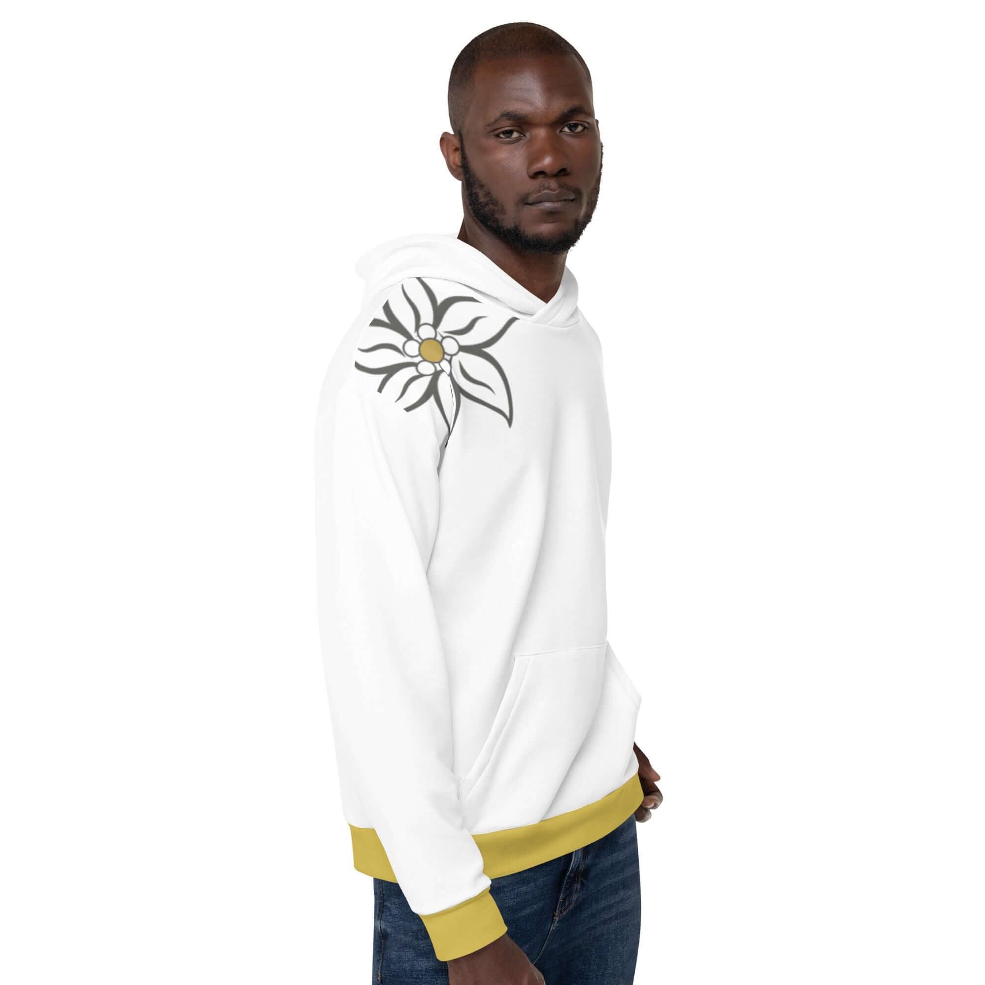 Weißer Unisex-Hoodie mit Blumenmotiv auf der Schulter und gelbem Saum, Modestil.
