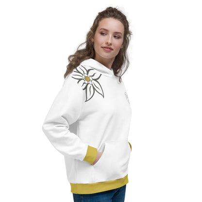 Weiße Unisex-Hoodie mit großem Blumenmuster auf der Schulter, gelbe Bündchen, modisch