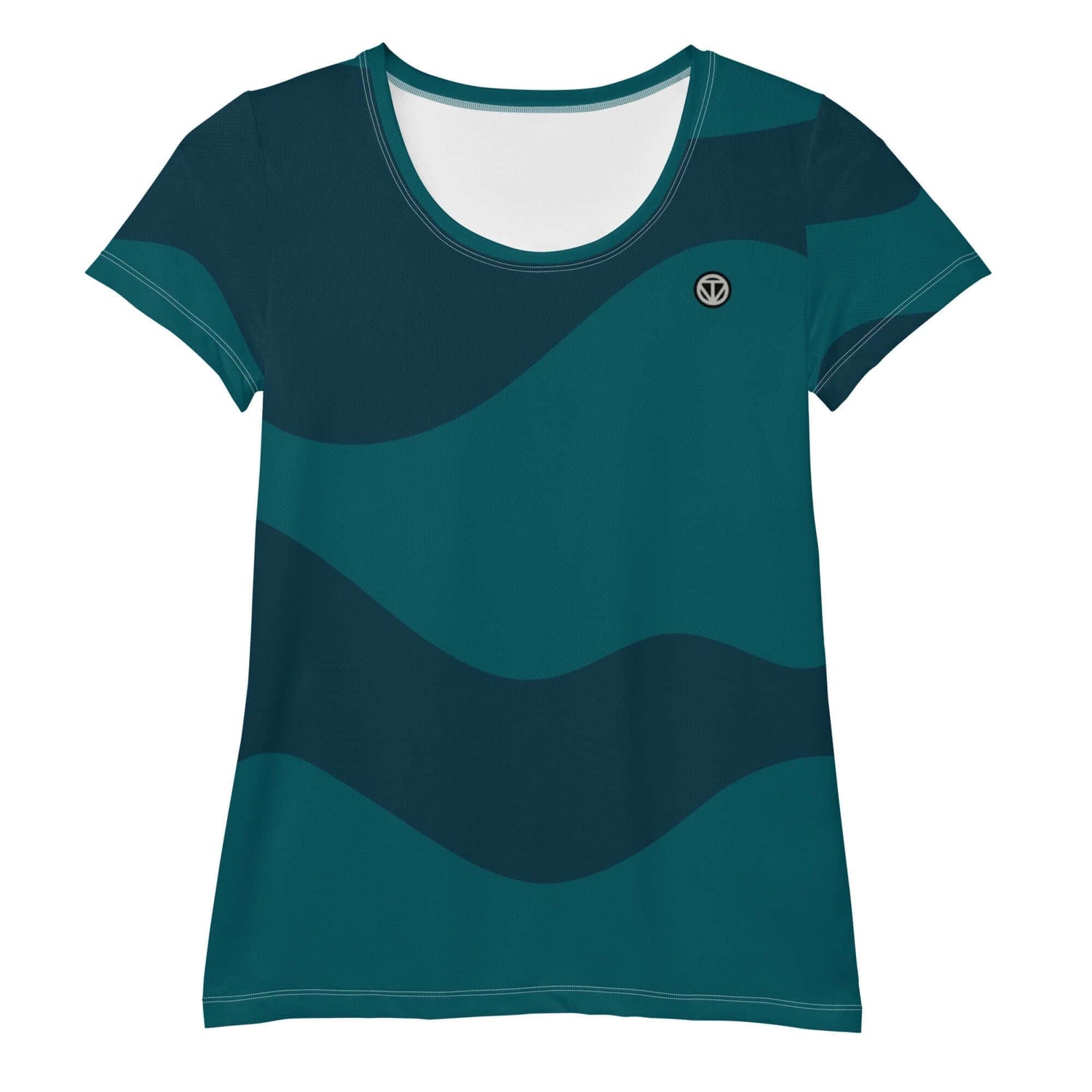Damen Sport T-Shirt mit abstraktem Wellenmuster in Dunkelgrün und Logo auf der Brust