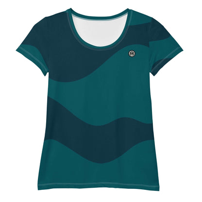 Damen Sport T-Shirt mit abstraktem Wellenmuster in Dunkelgrün und Logo auf der Brust