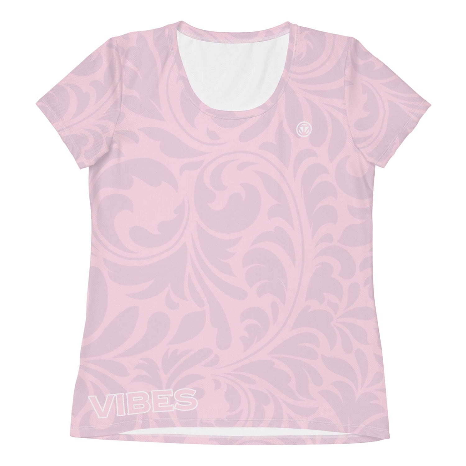 Rosa Damen Sport T-Shirt mit floralen Mustern und Vibes Aufdruck, Kurzarm