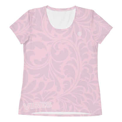 Rosa Damen Sport T-Shirt mit floralen Mustern und Vibes Aufdruck, Kurzarm
