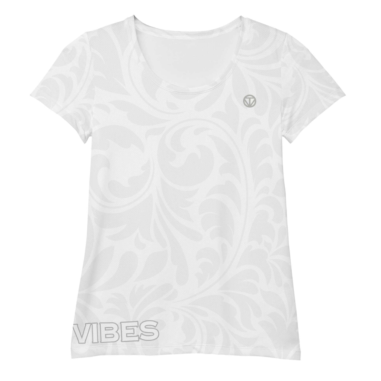 Weißes Damen Sport T-Shirt mit floralem Muster, Schriftzug VIBES und kleinem Logo.