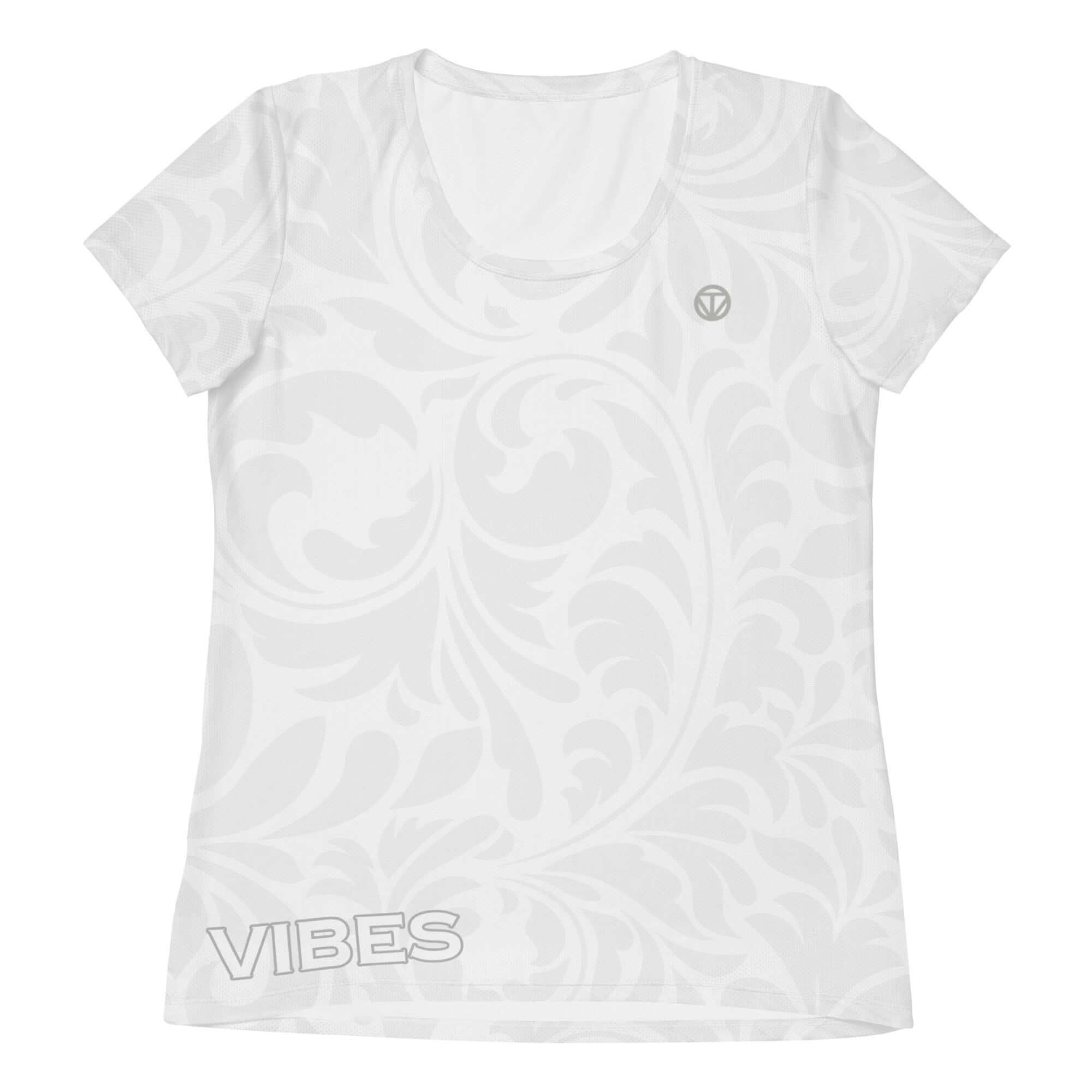 Weiße Damen Sportshirt mit floralen Muster, Vibes Schriftzug und Logo auf Brust, Vorderansicht