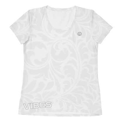 Weiße Damen Sportshirt mit floralen Muster, Vibes Schriftzug und Logo auf Brust, Vorderansicht
