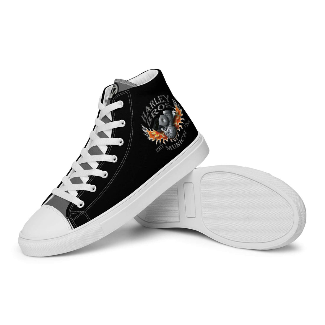 Schwarzer Herren High-Top Canvas Schuh mit Harley Bros Totenkopf und Flammen Design