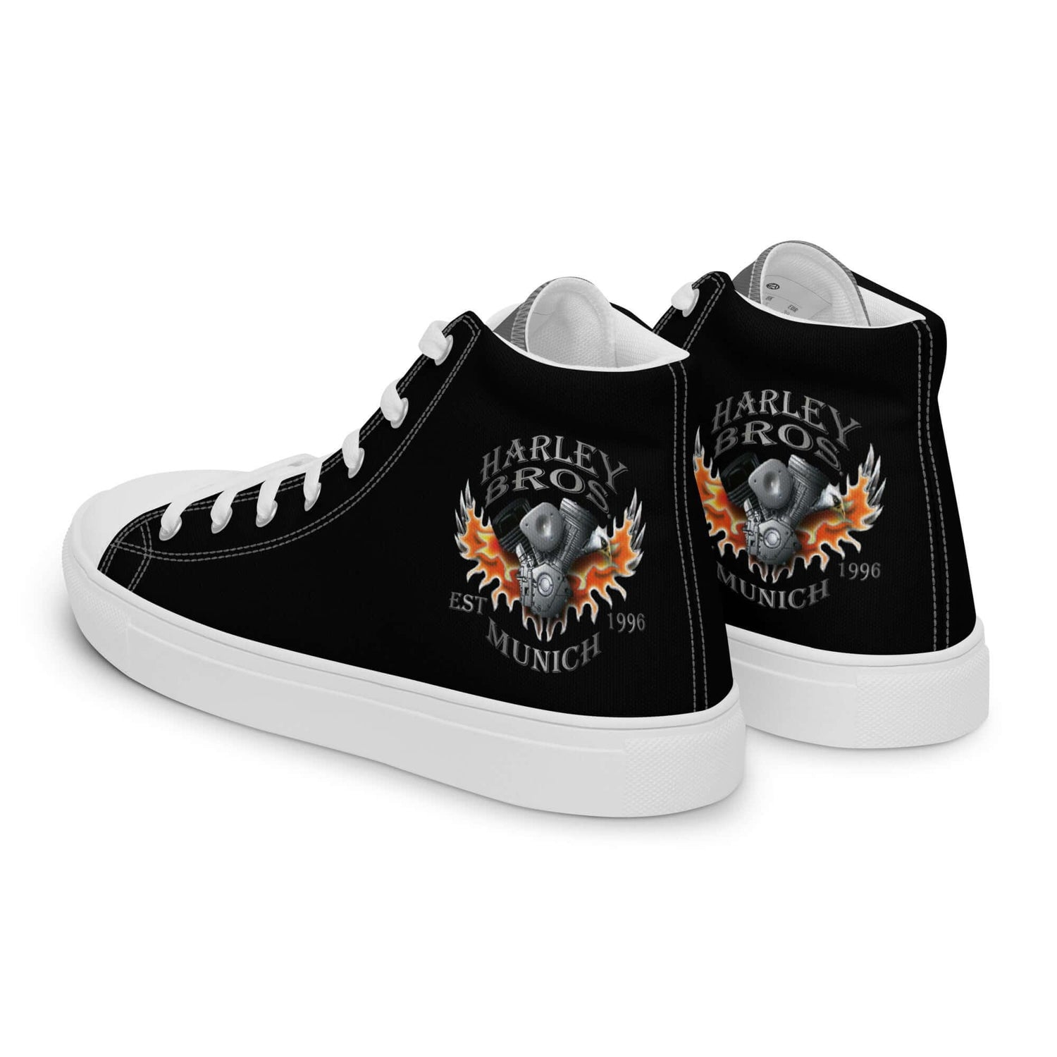 Schwarzer High-Top-Sneaker für Herren mit Harley Bros Munich Flammen-Motordesign.