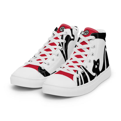 Weiße High-Top-Sneaker für Herren mit schwarzem Katzenmotiv und roten Details, Vorderansicht.