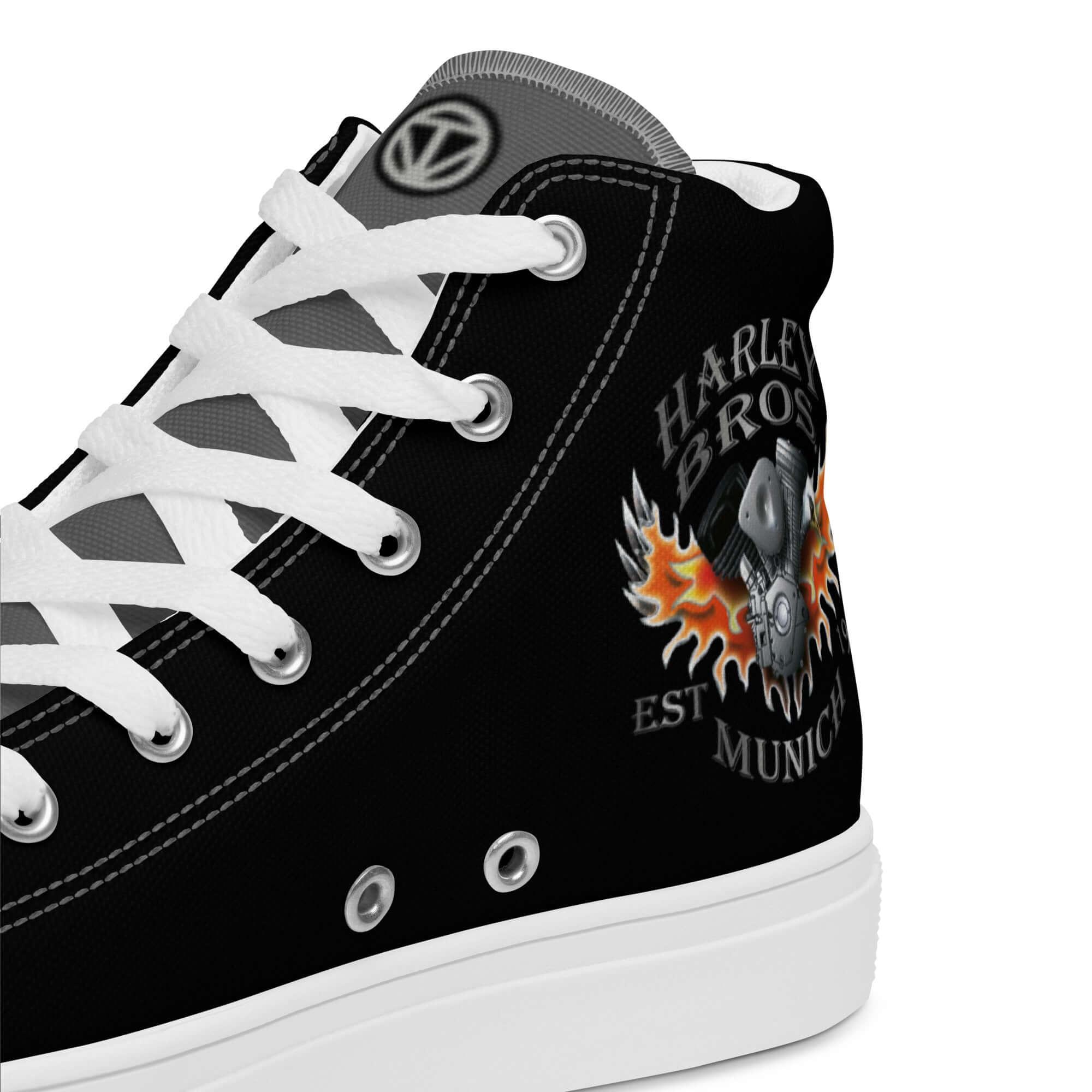 Schwarzer Herren Canvas High-Top Sneaker mit Harley Bros Munich Flammen-Motorrad-Design