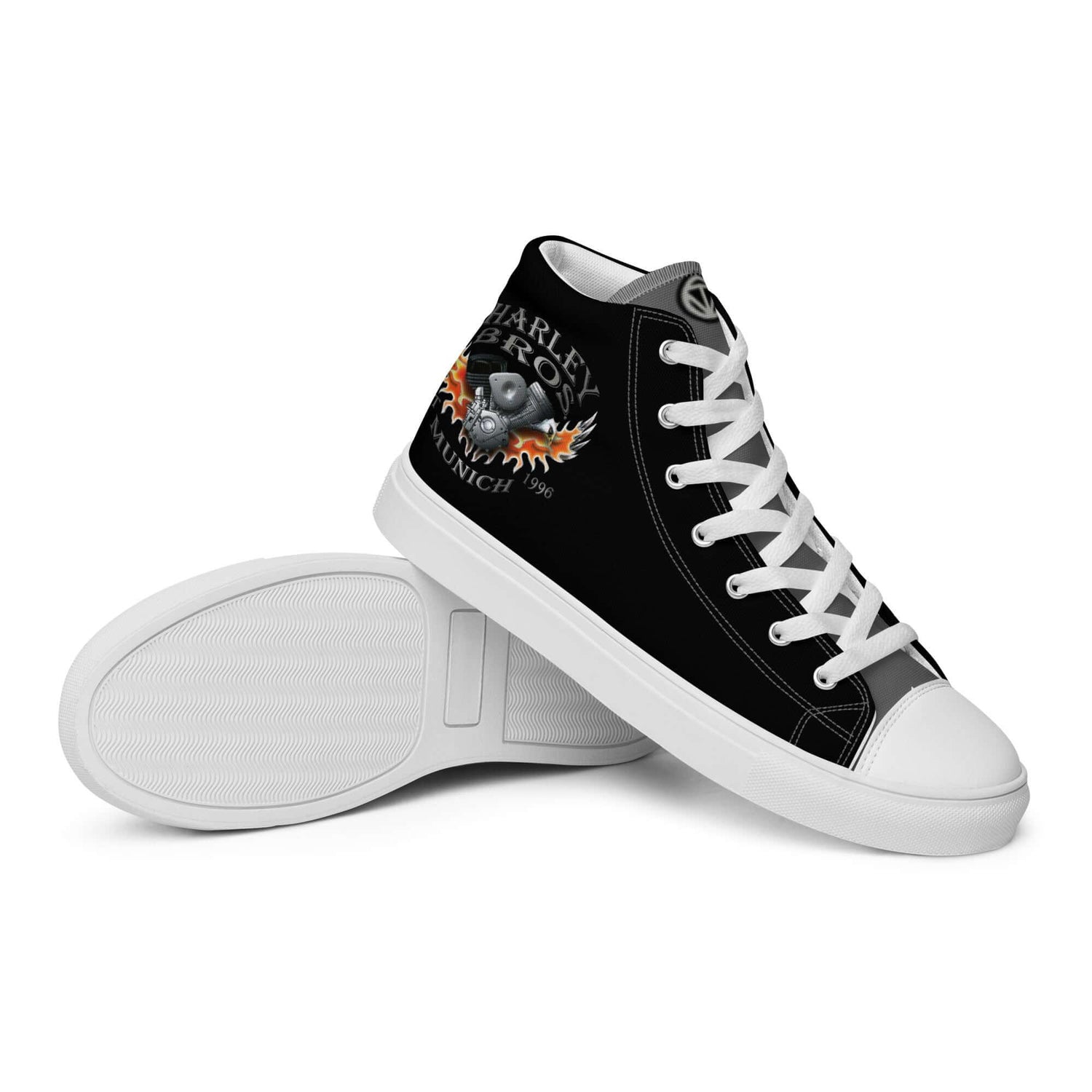 Schwarzer Herren High Top Sneaker mit Motorrad-Design, Flammen und weißer Sohle