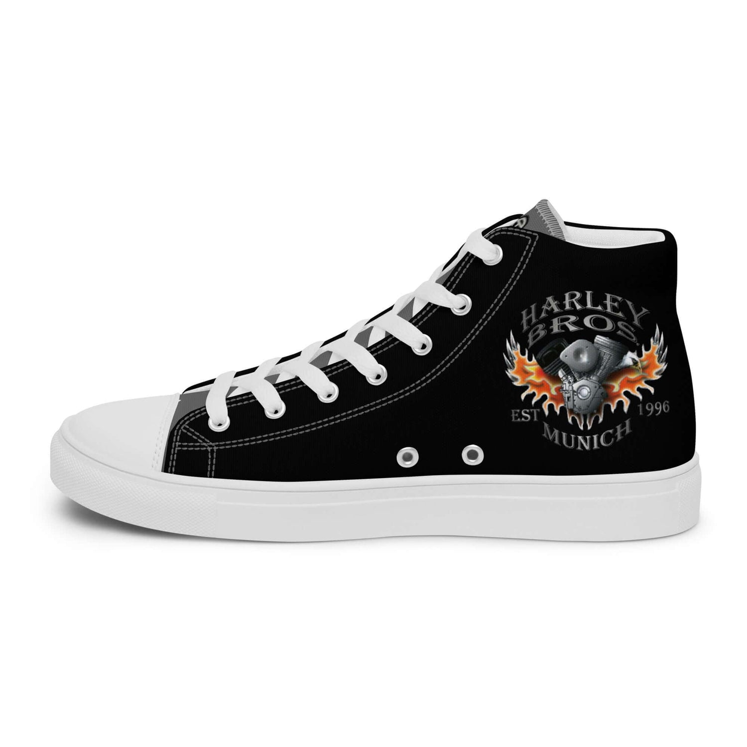 Schwarzer High-Top-Herrenschuh mit Flammen-Motorrad-Logo und Schriftzug Harley Bros Munich