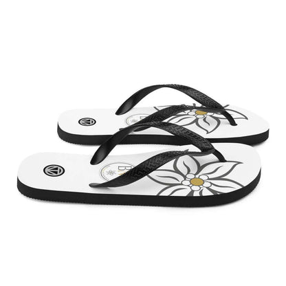 Weiße Flip Flops mit schwarzem Riemen und Blumenmotiv, Sommer-Sandalen Design