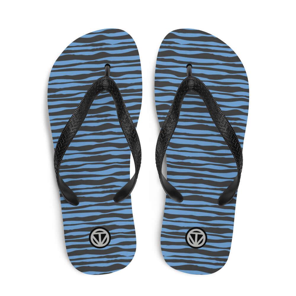 Flip Flops mit blau-schwarzem Zebrastreifenmuster und schwarzem Riemen, Draufsicht