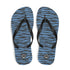 Flip Flops mit blau-schwarzem Zebrastreifenmuster und schwarzem Riemen, Draufsicht