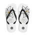 Weiße Sublimation Flip Flops mit schwarzem Blumenmuster, Logo und schwarzen Riemen.
