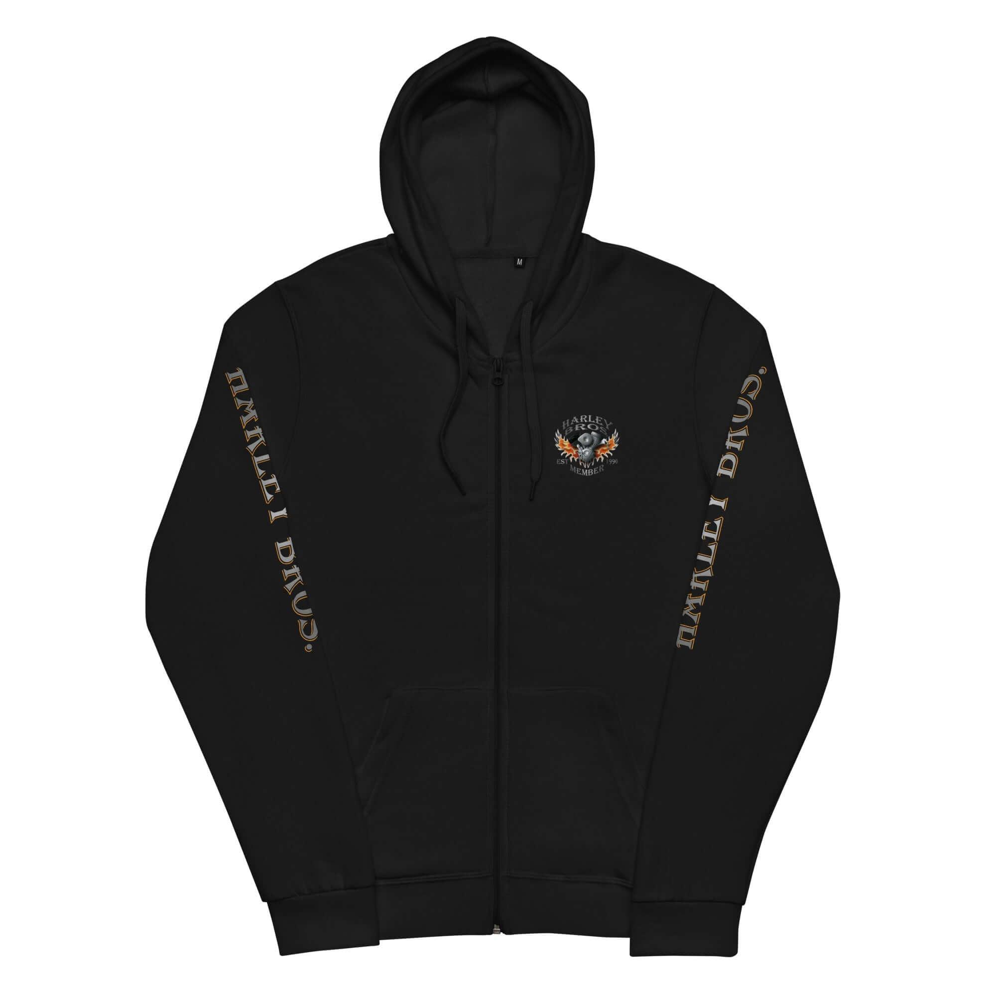 Schwarzer Unisex-Zip-Hoodie mit Harley Bros Aufdruck auf Brust und Ärmeln, Kapuze, Kängurutasche.
