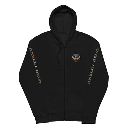Schwarzer Unisex-Zip-Hoodie mit Harley Bros Aufdruck auf Brust und Ärmeln, Kapuze, Kängurutasche.