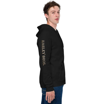 Unisex Basic Zip Hoodie Schwarz mit HARLEY BROS. Print am rechten Ärmel, seitliche Ansicht