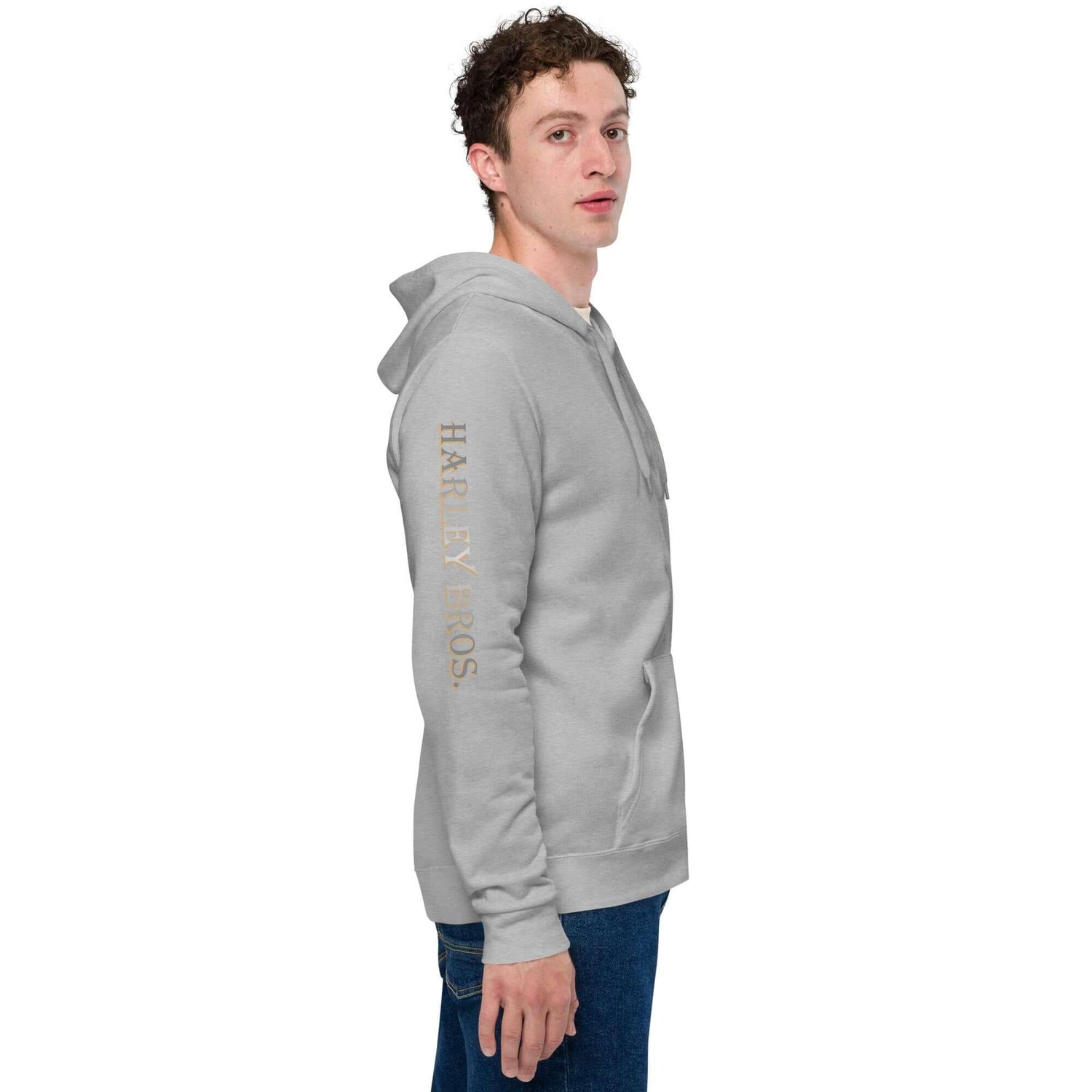 Unisex Basic Zip Hoodie in Hellgrau mit HARLEY BROS. Aufdruck am Ärmel, Seitenansicht