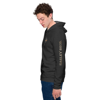 Unisex Zip Hoodie Dunkelgrau mit HARLEY BROS. Schriftzug am Ärmel, Seitenansicht