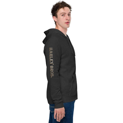 Unisex Zip Hoodie in Anthrazit, Aufdruck HARLEY BROS. am rechten Ärmel, Seitenansicht