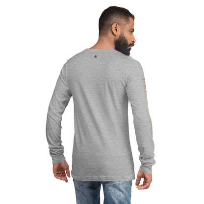 Unisex Langarmshirt in Athletic Heather Grau, Rückenansicht, bedruckter Ärmel, Jeans