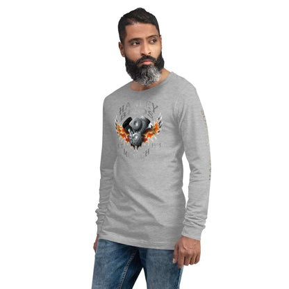 Mann trägt graues Unisex-Langarmshirt mit Motorrad-Motor-Flammenprint und Jeans.