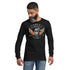 Mann trägt schwarzes Langarmshirt mit Harley Bros München Flammen-Motorrad-Print