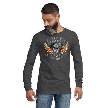 Dunkelgraues Unisex-Langarmshirt mit Harley Bros Munich Flammen-Motorradmotor-Print